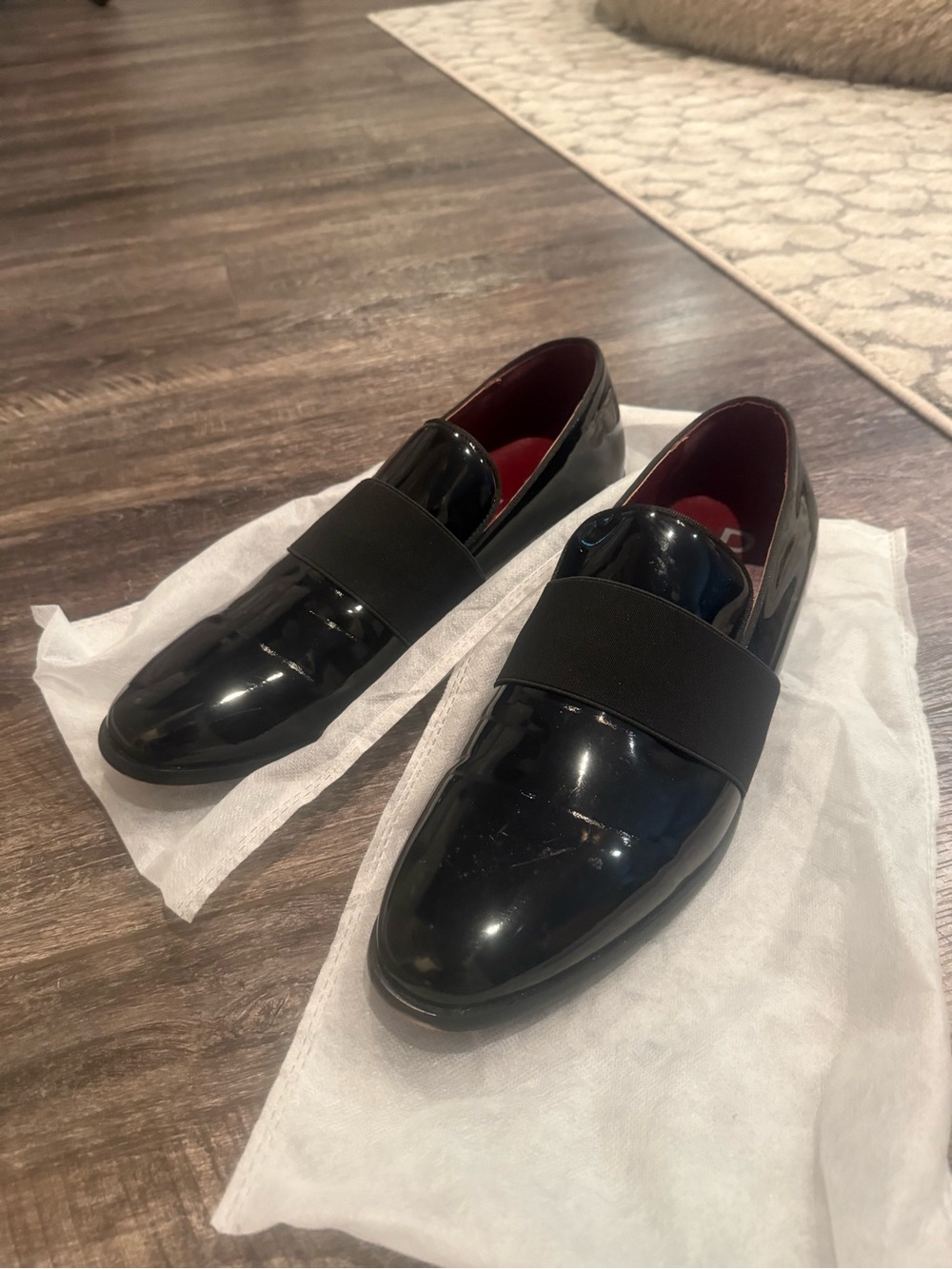 Perry Ellis Black Patent Slip-On Loafers with Red Lining